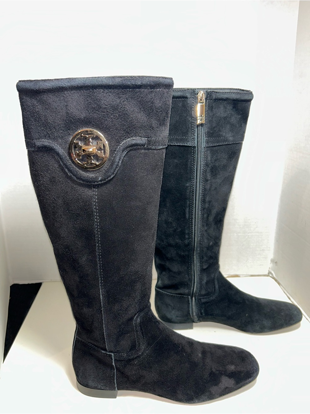 Tory Burch Selma Black Suede Knee High Zip Logo Riding Boot